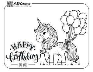 Free printable happy birthday unicorn with balloons coloring page for kids from ABCmouse.com. 