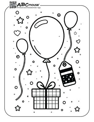 Free printable balloon with gift coloring page for kids from ABCmouse.com. 