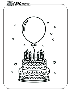 Free printable cake with balloon coloring page for kids from ABCmouse.com. 