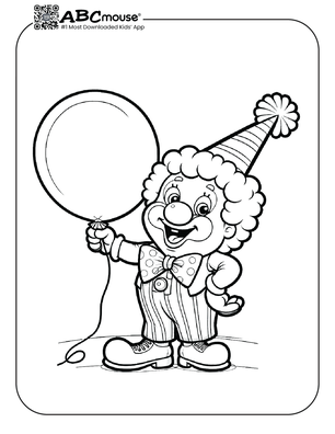 Free printable clown with balloon coloring page for kids from ABCmouse.com. 