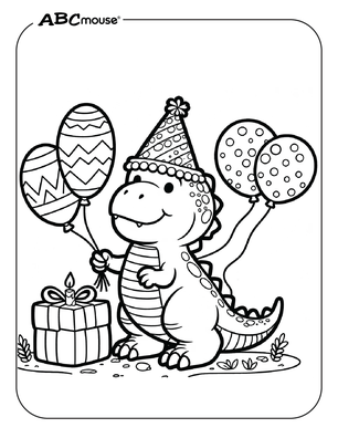 Free printable dinosaur with balloons coloring page for kids from ABCmouse.com. 