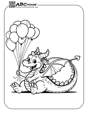 Free printable dragon with balloons coloring page for kids from ABCmouse.com. 