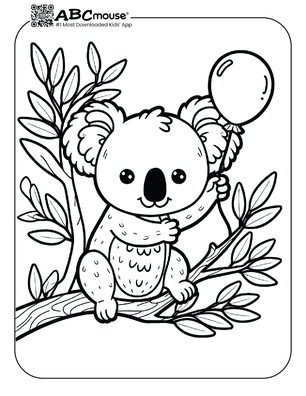 Free printable koala with balloon coloring page for kids from ABCmouse.com. 