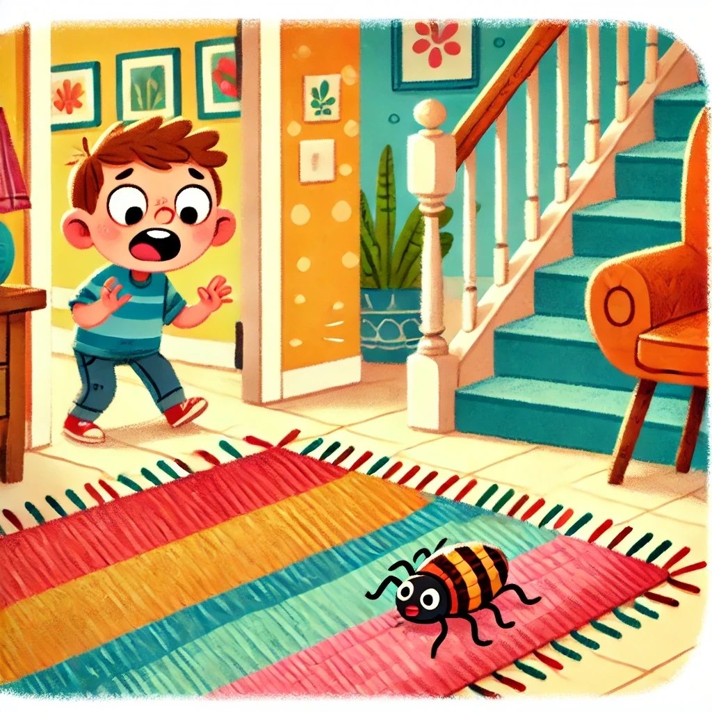 Colorful illustration of a boy surprised to find a bug on a rug. 