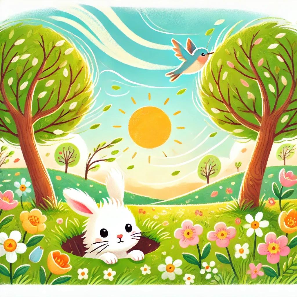 A cute illustration of a bunny poking its head out of a hole in a field. 