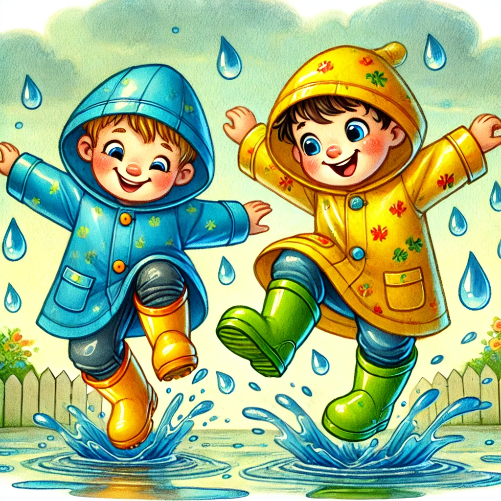 Two children jumping in a puddle from the rain. 