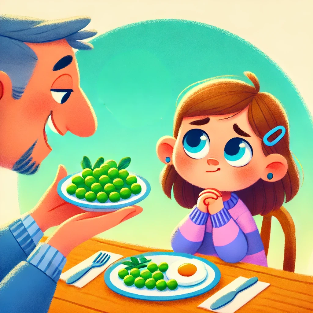 Colorful illustration of a father saying 'eat your peas, please, Louise' to his daughter. 