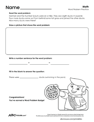 Free printable math story problem worksheet for kids from ABCmouse.com. 