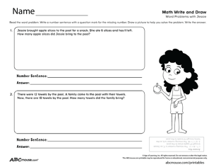 Free printable math story problem worksheet for kids from ABCmouse.com. 