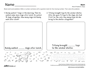 Free printable math story problem worksheet for kids from ABCmouse.com. 