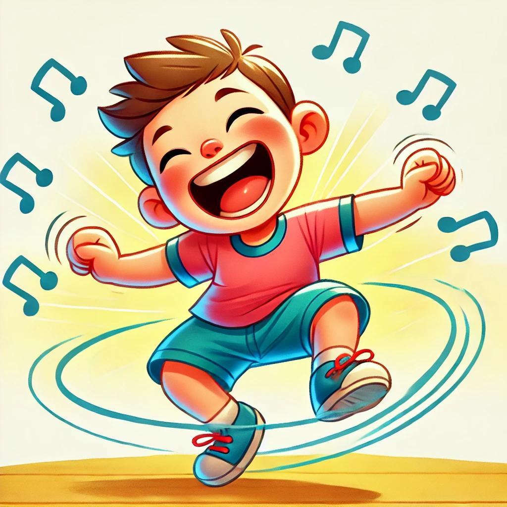 Colorful illustration of a boy dancing with a huge smile surrounded by musical notes. 