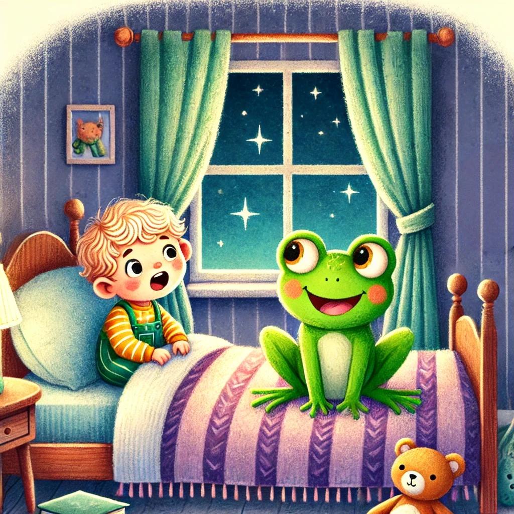 A colorful illustration of a young child with a cute green frog sitting on his bed. 