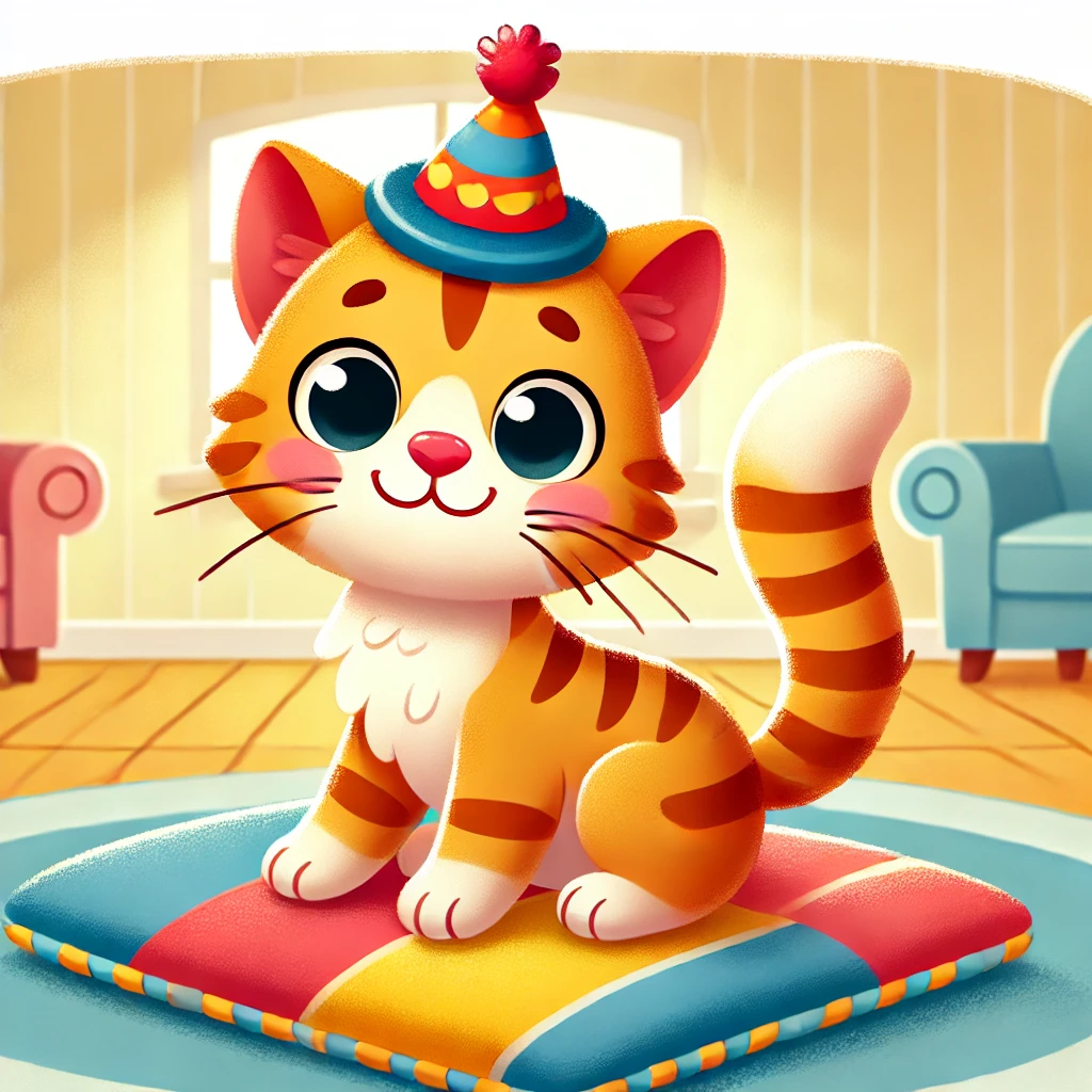 Colorful illustration of a cute cat wearing a hat, sitting on a mat. 