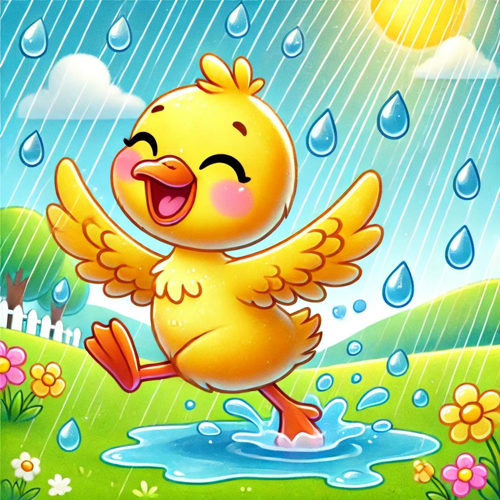 A cute illustration of a happy duck walking through a puddle. 