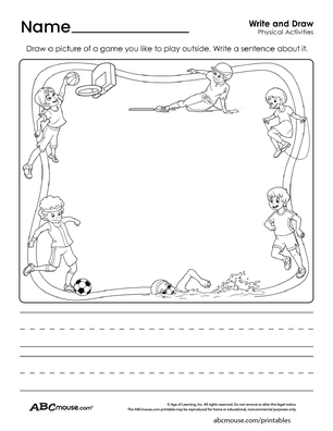 Healthy habit write & draw-outdoor games worksheet from ABCmouse.com. 