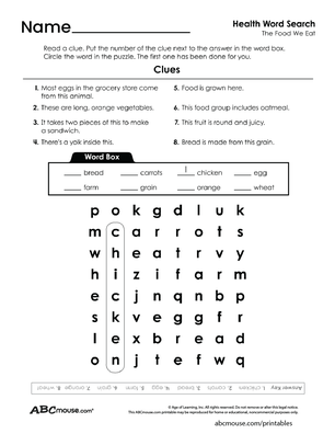 Healthy habit healthy foods word search worksheet from ABCmouse.com. 