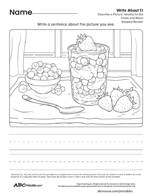 Healthy habit write about healthy treats worksheet from ABCmouse.com. 