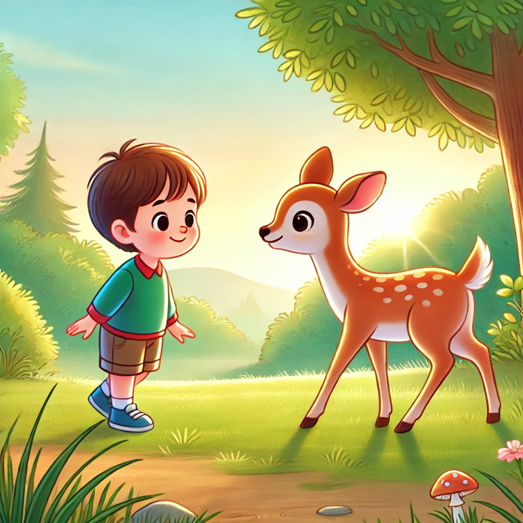 Colorful illustration of a boy looking at a baby deer. 