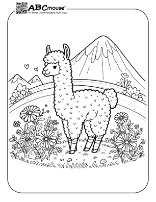 Free printable llama in flowers coloring page from ABCmouse.com. 