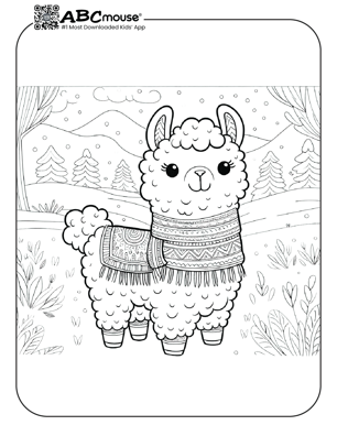 Free printable llama wearing a scarf coloring page from ABCmouse.com. 