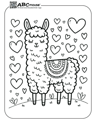 Free printable llama with hearts coloring page from ABCmouse.com. 