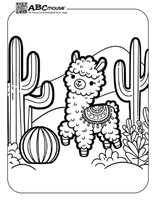 Free printable llama near cacti coloring page from ABCmouse.com. 