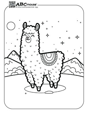 Free printable llama in the moon light coloring page from ABCmouse.com. 