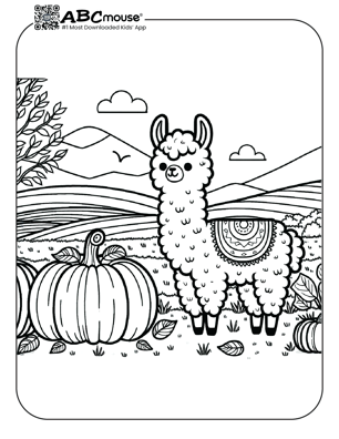 Free printable llama with pumpkins coloring page from ABCmouse.com. 