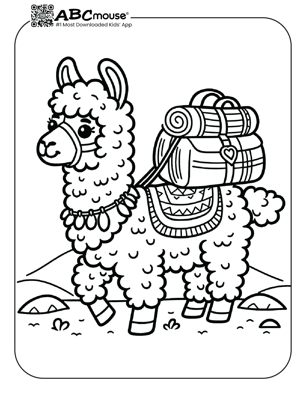 Free printable llama with a pack coloring page from ABCmouse.com. 