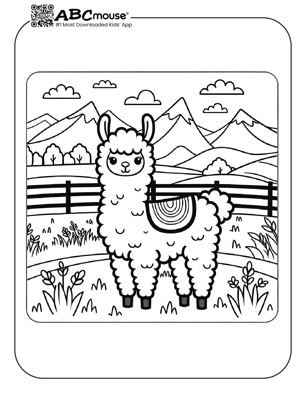 Free printable llama in a pasture coloring page from ABCmouse.com. 