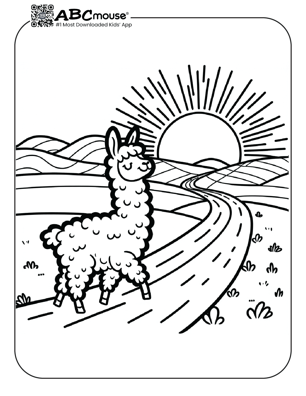 Free printable llama in the sunset coloring page from ABCmouse.com. 