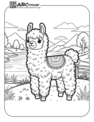 Free printable llama near a lake coloring page from ABCmouse.com. 