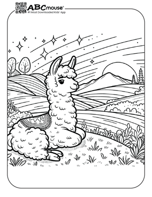 Free printable llama watching the moon coloring page from ABCmouse.com. 