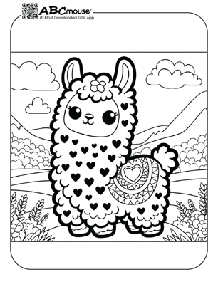 Free printable llama covered in hearts coloring page from ABCmouse.com. 