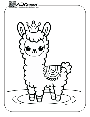 Free printable llama wearing a crown coloring page from ABCmouse.com. 