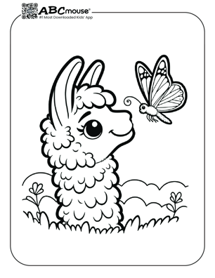 Free printable llama with butterfly coloring page from ABCmouse.com. 