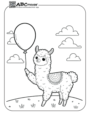 Free printable llama with a balloon coloring page from ABCmouse.com. 