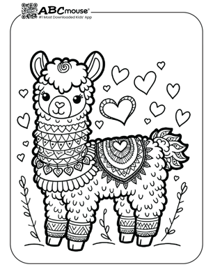 Free printable llama with hearts coloring page from ABCmouse.com. 