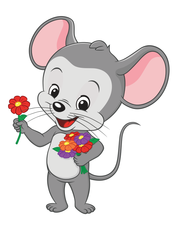 ABC mouse holding a bouquet of flowers. 