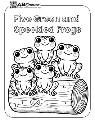 Free printable five green and speckled frogs nursery rhyme coloring page from ABCMouse.com. 