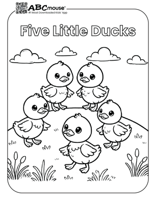 Free printable five little ducks nursery rhyme coloring page from ABCMouse.com. 