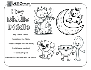 Free printable hey diddle diddle nursery rhyme coloring page from ABCMouse.com. 