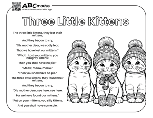 Free printable three little kittens nursery rhyme coloring page from ABCMouse.com. 