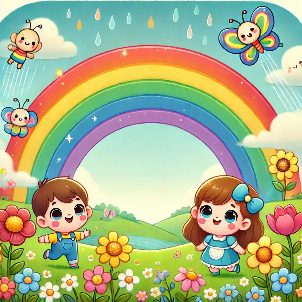 Cute illustration of children playing under a rainbow. 