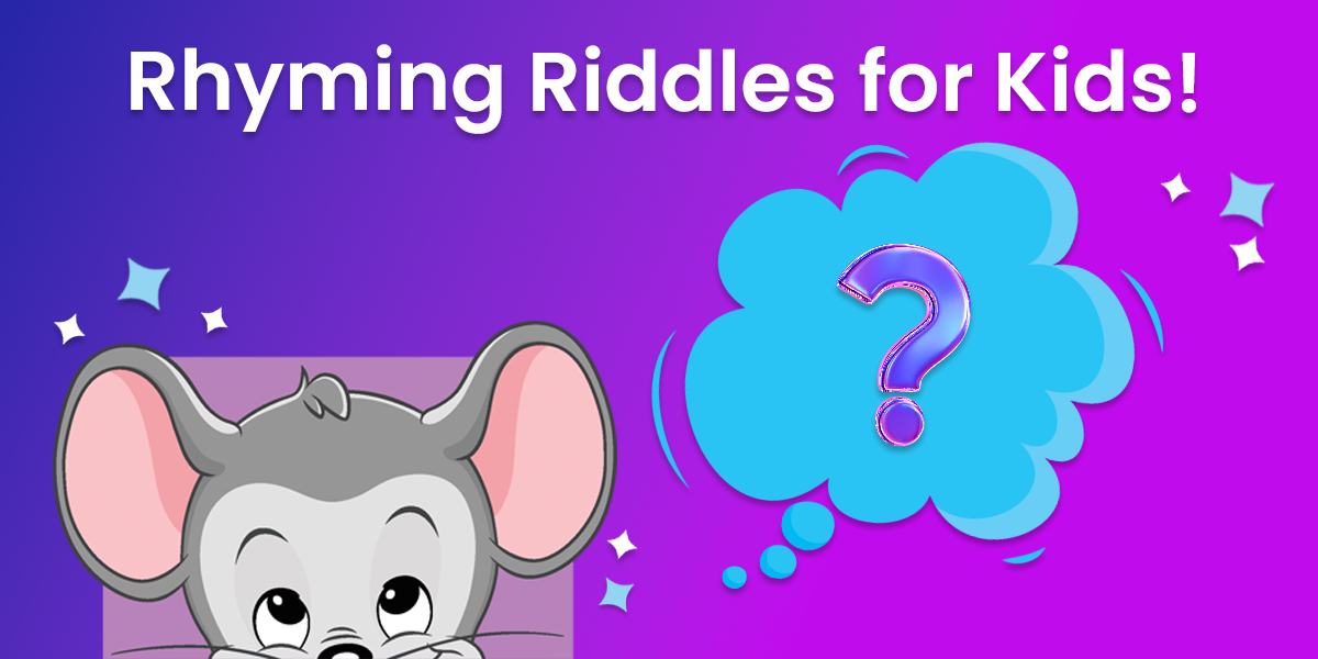 Rhyming riddles for kids ABC mouse peeking out of a box with a thinking bubble and a question mark. 