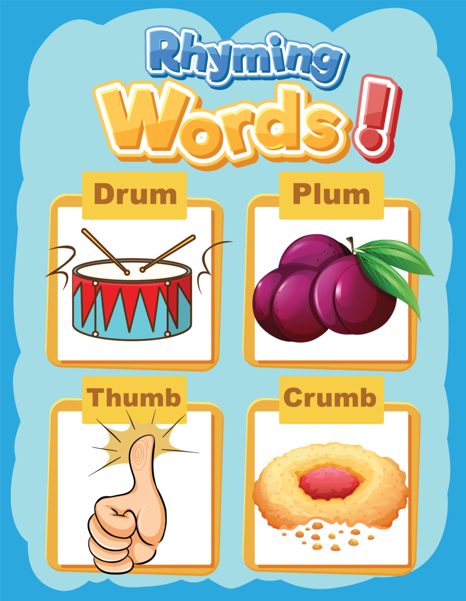 Rhyming words: drum, plum, thumb, crumb. 