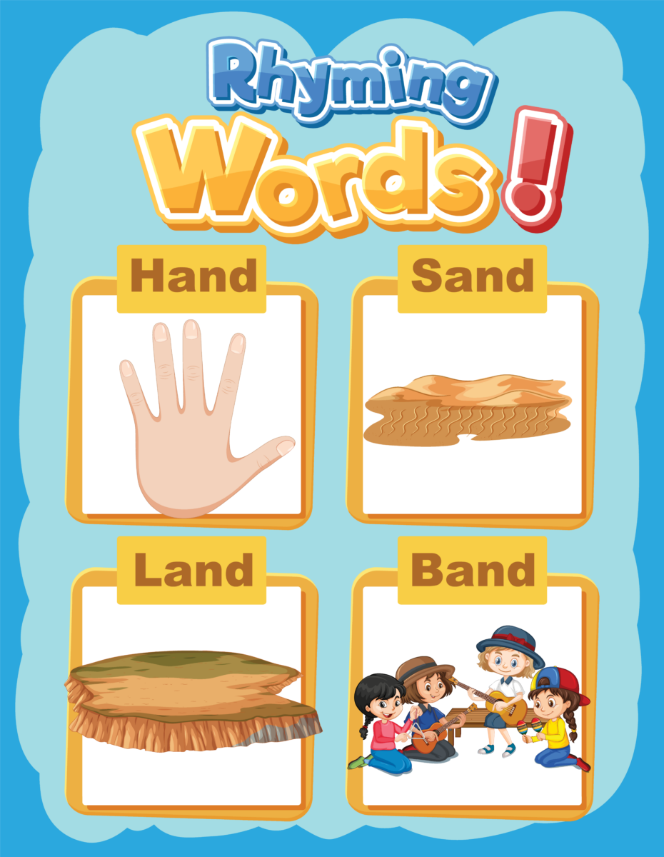 Rhyming words: hand, sand, land, band. 