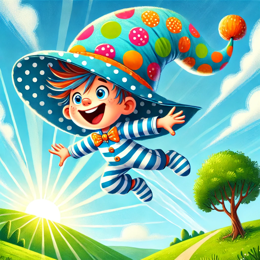 Colorful illustration of a young child flying in the sky with a magical hat. 