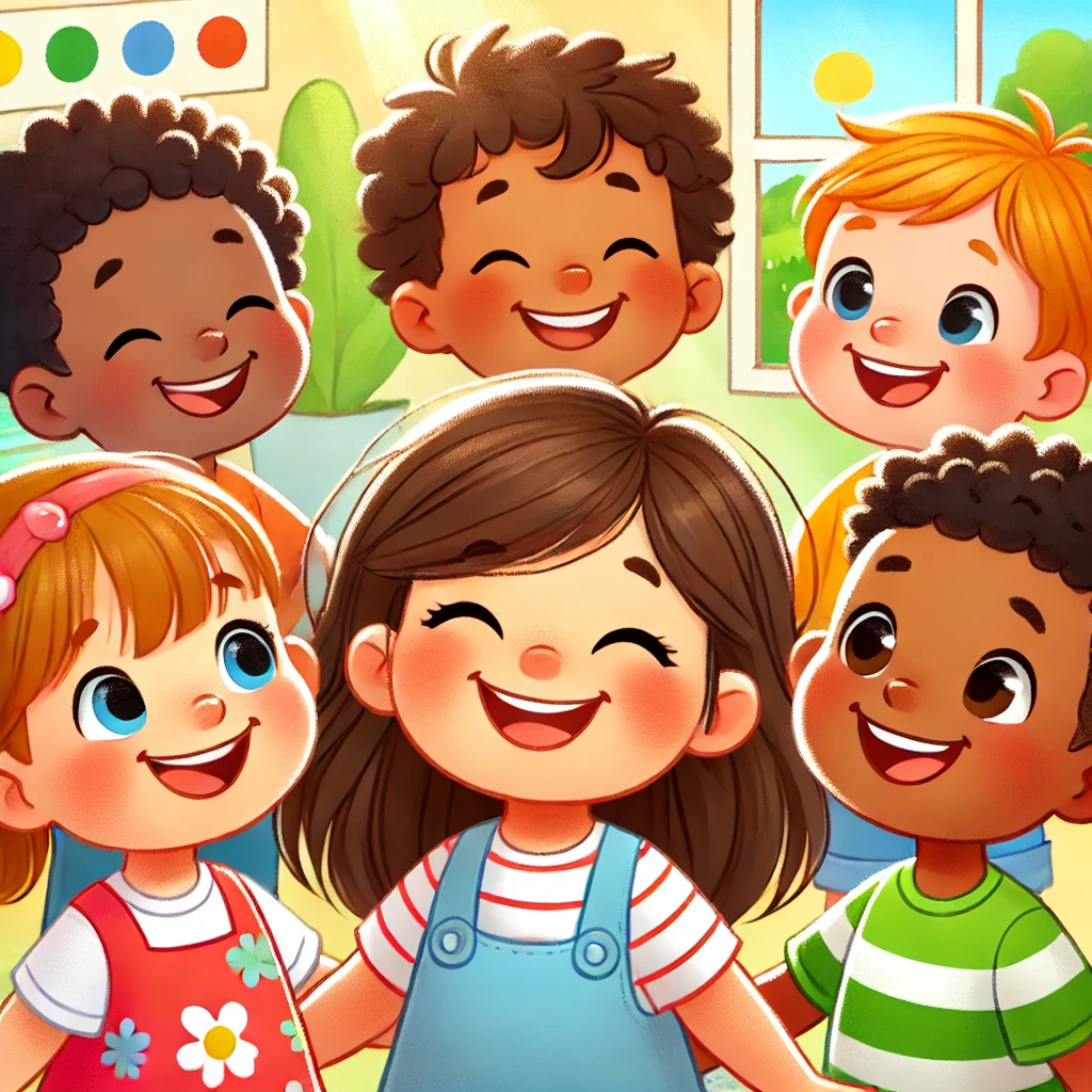 Colorful illustration of young children happy and smiling. 