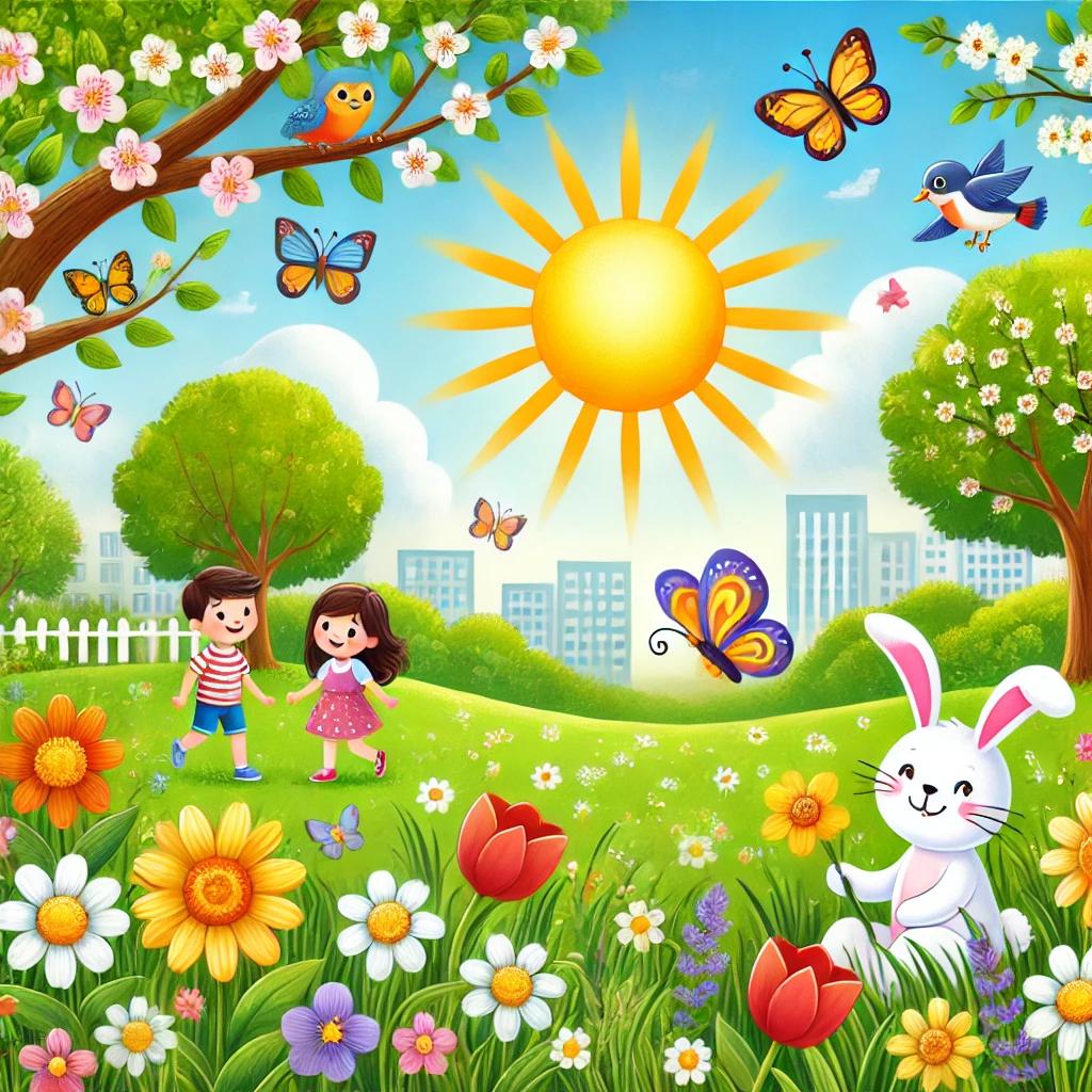 An illustration of two children waling in a park with a bright sun and flowers all around. 